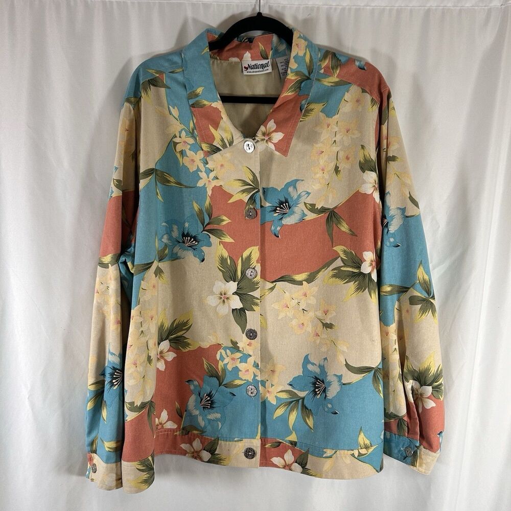 Shop National 100% Silk Jacket Women's 3X Hawaiian Print Long Sleeve Collared